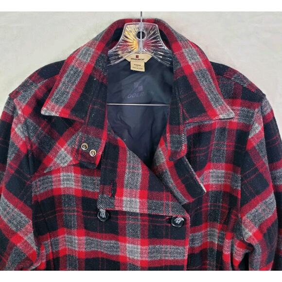 Vtg Woolrich Plaid Double Breast Pea Coat Jacket Womens Large Black Red Button - Picture 2 of 15
